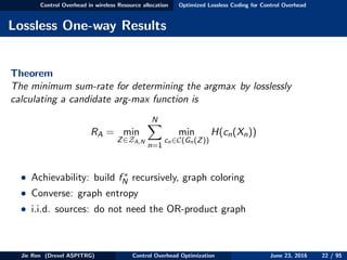 Control Overhead in wireless Resource allocation Optimized Lossless Coding for Control Overhead
Lossless One-way Results
Theorem
The minimum sum-rate for determining the argmax by losslessly
calculating a candidate arg-max function is
RA = min
Z∈ZA,N
N
n=1
min
cn∈C(Gn(Z))
H(cn(Xn))
• Achievability: build f ∗
N recursively, graph coloring
• Converse: graph entropy
• i.i.d. sources: do not need the OR-product graph
Jie Ren (Drexel ASPITRG) Control Overhead Optimization June 23, 2016 22 / 95
 