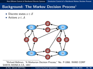 Rate Eﬃcient Control of Distributed Discrete Systems Omniscient Control of a Distributed Markov Decision Process
Background: The Markov Decision Process1
• Discrete states s ∈ S
• Actions a ∈ A
S1 S2
S4S3
a1
a0
a0
a0
a0
a1
a1
a1
1
Richard Bellman, “A Markovian Decision Process,” No. P-1066. RAND CORP
SANTA MONICA CA, 1957.
Jie Ren (Drexel ASPITRG) Control Overhead Optimization June 23, 2016 48 / 95
 
