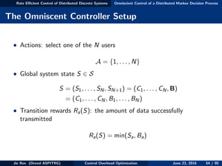 Rate Eﬃcient Control of Distributed Discrete Systems Omniscient Control of a Distributed Markov Decision Process
The Omniscent Controller Setup
• Actions: select one of the N users
A = {1, . . . , N}
• Global system state S ∈ S
S = (S1, . . . , SN, SN+1) = (C1, . . . , CN, B)
= (C1, . . . , CN, B1, . . . , BN)
• Transition rewards Ra(S): the amount of data successfully
transmitted
Ra(S) = min(Sa, Ba)
Jie Ren (Drexel ASPITRG) Control Overhead Optimization June 23, 2016 54 / 95
 