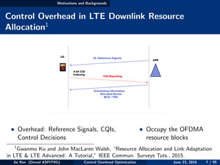 Motivations and Backgrounds
Control Overhead in LTE Downlink Resource
Allocation1
• Overhead: Reference Signals, CQIs,
Control Decisions
• Occupy the OFDMA
resource blocks
1
Gwanmo Ku and John MacLaren Walsh, “Resource Allocation and Link Adaptation
in LTE & LTE Advanced: A Tutorial,” IEEE Commun. Surveys Tuts., 2015.
Jie Ren (Drexel ASPITRG) Control Overhead Optimization June 23, 2016 7 / 95
 