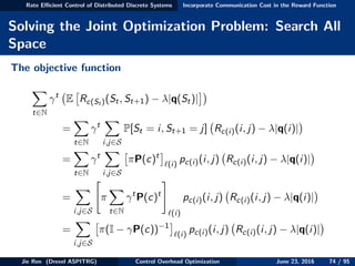 Rate Eﬃcient Control of Distributed Discrete Systems Incorporate Communication Cost in the Reward Function
Solving the Joint Optimization Problem: Search All
Space
The objective function
t∈N
γt
E Rc(St )(St, St+1) − λ|q(St)|
=
t∈N
γt
i,j∈S
P[St = i, St+1 = j] Rc(i)(i, j) − λ|q(i)|
=
t∈N
γt
i,j∈S
πP(c)t
(i)
pc(i)(i, j) Rc(i)(i, j) − λ|q(i)|
=
i,j∈S
π
t∈N
γt
P(c)t
(i)
pc(i)(i, j) Rc(i)(i, j) − λ|q(i)|
=
i,j∈S
π(I − γP(c))−1
(i)
pc(i)(i, j) Rc(i)(i, j) − λ|q(i)|
Jie Ren (Drexel ASPITRG) Control Overhead Optimization June 23, 2016 74 / 95
 