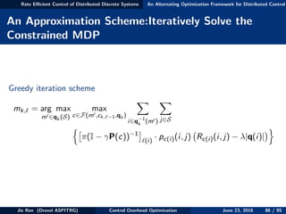 Rate Eﬃcient Control of Distributed Discrete Systems An Alternating Optimization Framework for Distributed Control
An Approximation Scheme:Iteratively Solve the
Constrained MDP
Greedy iteration scheme
mk, = arg max
m ∈qk (S)
max
c∈F(m ,ck, −1,qk )
i∈q−1
k (m ) j∈S
π(I − γP(c))−1
(i)
· pc(i)(i, j) Rc(i)(i, j) − λ|q(i)|
Jie Ren (Drexel ASPITRG) Control Overhead Optimization June 23, 2016 86 / 95
 
