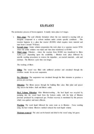 EX-PLANT
The production process of brown pigment. It mainly takes place in 4 stages.
i. First stage: The acid chloride formation where the raw material is reacting with an
inorganic compound in a solvent medium under certain specific conditions . This
reaction happens in a glass line reactor (R1000) which requires more material and
man hours ( around 70 hours).
ii. Second stage: Amine solution preparation this took place in a separate reactor R786
where the amine solution was made and then later transferred to R1000.
iii. Third stage: Filtration , where the reaction from R1000 was transferred to filters
A,B,C,1,2,3 depending upon the availability : filtration took place followed by
specific washing procedures to remove the impurities , un reacted materials , salts and
moisture. The filtration cycle time was longer.
The working of filters
Filling: The vessel was filled with unfiltered product and circulated through the
overflow nozzle for an even suspension.
Pre Filtration: The suspension was circulated through the filter elements to produce a
porous pre coat layer.
Filtration: The filtrate passes through the building filter cake; filter plate and spacer
ring area to the hollow shaft and filtrate outlet.
Heel Volume Filtration: After filtration/washing , the heel liquid was recycled by
pumping into the vessel head from the bottom outlet, with the help of filtration
pressure produced by compressed gas. Product recovery is maximized by this process
which was quicker and more efficient.
Washing: The wash liquid followed the same route as in filtration . Force washing
using the heel volume filtration method reduced the wash liquid volume.
Moisture removal: The cake can be heated and dried in the vessel using hot gases.
 