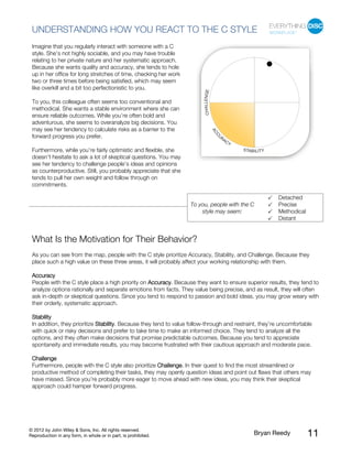 © 2012 by John Wiley & Sons, Inc. All rights reserved.
Reproduction in any form, in whole or in part, is prohibited. Bryan Reedy 11
UNDERSTANDING HOW YOU REACT TO THE C STYLE
Imagine that you regularly interact with someone with a C
style. She’s not highly sociable, and you may have trouble
relating to her private nature and her systematic approach.
Because she wants quality and accuracy, she tends to hole
up in her office for long stretches of time, checking her work
two or three times before being satisfied, which may seem
like overkill and a bit too perfectionistic to you.
To you, this colleague often seems too conventional and
methodical. She wants a stable environment where she can
ensure reliable outcomes. While you’re often bold and
adventurous, she seems to overanalyze big decisions. You
may see her tendency to calculate risks as a barrier to the
forward progress you prefer.
Furthermore, while you’re fairly optimistic and flexible, she
doesn’t hesitate to ask a lot of skeptical questions. You may
see her tendency to challenge people’s ideas and opinions
as counterproductive. Still, you probably appreciate that she
tends to pull her own weight and follow through on
commitments.
To you, people with the C
style may seem:
Detached
Precise
Methodical
Distant
What Is the Motivation for Their Behavior?
As you can see from the map, people with the C style prioritize Accuracy, Stability, and Challenge. Because they
place such a high value on these three areas, it will probably affect your working relationship with them.
Accuracy
People with the C style place a high priority on Accuracy. Because they want to ensure superior results, they tend to
analyze options rationally and separate emotions from facts. They value being precise, and as result, they will often
ask in-depth or skeptical questions. Since you tend to respond to passion and bold ideas, you may grow weary with
their orderly, systematic approach.
Stability
In addition, they prioritize Stability. Because they tend to value follow-through and restraint, they’re uncomfortable
with quick or risky decisions and prefer to take time to make an informed choice. They tend to analyze all the
options, and they often make decisions that promise predictable outcomes. Because you tend to appreciate
spontaneity and immediate results, you may become frustrated with their cautious approach and moderate pace.
Challenge
Furthermore, people with the C style also prioritize Challenge. In their quest to find the most streamlined or
productive method of completing their tasks, they may openly question ideas and point out flaws that others may
have missed. Since you’re probably more eager to move ahead with new ideas, you may think their skeptical
approach could hamper forward progress.
 