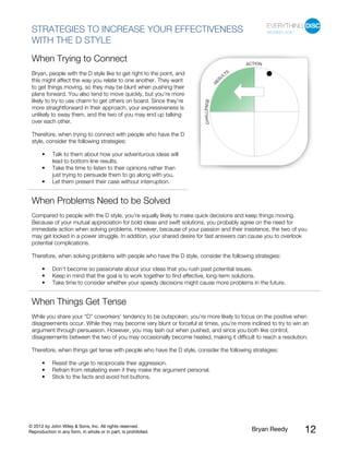© 2012 by John Wiley & Sons, Inc. All rights reserved.
Reproduction in any form, in whole or in part, is prohibited. Bryan Reedy 12
STRATEGIES TO INCREASE YOUR EFFECTIVENESS
WITH THE D STYLE
When Trying to Connect
Bryan, people with the D style like to get right to the point, and
this might affect the way you relate to one another. They want
to get things moving, so they may be blunt when pushing their
plans forward. You also tend to move quickly, but you’re more
likely to try to use charm to get others on board. Since they’re
more straightforward in their approach, your expressiveness is
unlikely to sway them, and the two of you may end up talking
over each other.
Therefore, when trying to connect with people who have the D
style, consider the following strategies:
• Talk to them about how your adventurous ideas will
lead to bottom-line results.
• Take the time to listen to their opinions rather than
just trying to persuade them to go along with you.
• Let them present their case without interruption.
When Problems Need to be Solved
Compared to people with the D style, you’re equally likely to make quick decisions and keep things moving.
Because of your mutual appreciation for bold ideas and swift solutions, you probably agree on the need for
immediate action when solving problems. However, because of your passion and their insistence, the two of you
may get locked in a power struggle. In addition, your shared desire for fast answers can cause you to overlook
potential complications.
Therefore, when solving problems with people who have the D style, consider the following strategies:
• Don’t become so passionate about your ideas that you rush past potential issues.
• Keep in mind that the goal is to work together to find effective, long-term solutions.
• Take time to consider whether your speedy decisions might cause more problems in the future.
When Things Get Tense
While you share your “D” coworkers’ tendency to be outspoken, you’re more likely to focus on the positive when
disagreements occur. While they may become very blunt or forceful at times, you’re more inclined to try to win an
argument through persuasion. However, you may lash out when pushed, and since you both like control,
disagreements between the two of you may occasionally become heated, making it difficult to reach a resolution.
Therefore, when things get tense with people who have the D style, consider the following strategies:
• Resist the urge to reciprocate their aggression.
• Refrain from retaliating even if they make the argument personal.
• Stick to the facts and avoid hot buttons.
 