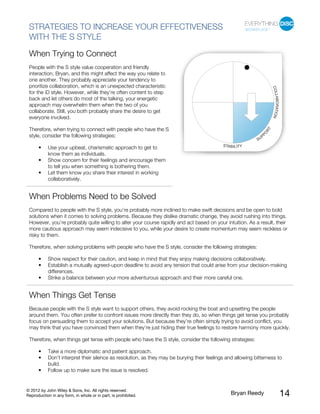 © 2012 by John Wiley & Sons, Inc. All rights reserved.
Reproduction in any form, in whole or in part, is prohibited. Bryan Reedy 14
STRATEGIES TO INCREASE YOUR EFFECTIVENESS
WITH THE S STYLE
When Trying to Connect
People with the S style value cooperation and friendly
interaction, Bryan, and this might affect the way you relate to
one another. They probably appreciate your tendency to
prioritize collaboration, which is an unexpected characteristic
for the iD style. However, while they’re often content to step
back and let others do most of the talking, your energetic
approach may overwhelm them when the two of you
collaborate. Still, you both probably share the desire to get
everyone involved.
Therefore, when trying to connect with people who have the S
style, consider the following strategies:
• Use your upbeat, charismatic approach to get to
know them as individuals.
• Show concern for their feelings and encourage them
to tell you when something is bothering them.
• Let them know you share their interest in working
collaboratively.
When Problems Need to be Solved
Compared to people with the S style, you’re probably more inclined to make swift decisions and be open to bold
solutions when it comes to solving problems. Because they dislike dramatic change, they avoid rushing into things.
However, you’re probably quite willing to alter your course rapidly and act based on your intuition. As a result, their
more cautious approach may seem indecisive to you, while your desire to create momentum may seem reckless or
risky to them.
Therefore, when solving problems with people who have the S style, consider the following strategies:
• Show respect for their caution, and keep in mind that they enjoy making decisions collaboratively.
• Establish a mutually agreed-upon deadline to avoid any tension that could arise from your decision-making
differences.
• Strike a balance between your more adventurous approach and their more careful one.
When Things Get Tense
Because people with the S style want to support others, they avoid rocking the boat and upsetting the people
around them. You often prefer to confront issues more directly than they do, so when things get tense you probably
focus on persuading them to accept your solutions. But because they’re often simply trying to avoid conflict, you
may think that you have convinced them when they’re just hiding their true feelings to restore harmony more quickly.
Therefore, when things get tense with people who have the S style, consider the following strategies:
• Take a more diplomatic and patient approach.
• Don’t interpret their silence as resolution, as they may be burying their feelings and allowing bitterness to
build.
• Follow up to make sure the issue is resolved.
 