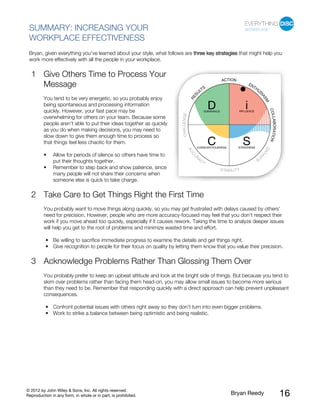 © 2012 by John Wiley & Sons, Inc. All rights reserved.
Reproduction in any form, in whole or in part, is prohibited. Bryan Reedy 16
SUMMARY: INCREASING YOUR
WORKPLACE EFFECTIVENESS
Bryan, given everything you’ve learned about your style, what follows are three key strategies that might help you
work more effectively with all the people in your workplace.
Give Others Time to Process Your
Message
You tend to be very energetic, so you probably enjoy
being spontaneous and processing information
quickly. However, your fast pace may be
overwhelming for others on your team. Because some
people aren’t able to put their ideas together as quickly
as you do when making decisions, you may need to
slow down to give them enough time to process so
that things feel less chaotic for them.
1
• Allow for periods of silence so others have time to
put their thoughts together.
• Remember to step back and show patience, since
many people will not share their concerns when
someone else is quick to take charge.
Take Care to Get Things Right the First Time2
You probably want to move things along quickly, so you may get frustrated with delays caused by others’
need for precision. However, people who are more accuracy-focused may feel that you don’t respect their
work if you move ahead too quickly, especially if it causes rework. Taking the time to analyze deeper issues
will help you get to the root of problems and minimize wasted time and effort.
• Be willing to sacrifice immediate progress to examine the details and get things right.
• Give recognition to people for their focus on quality by letting them know that you value their precision.
Acknowledge Problems Rather Than Glossing Them Over3
You probably prefer to keep an upbeat attitude and look at the bright side of things. But because you tend to
skim over problems rather than facing them head-on, you may allow small issues to become more serious
than they need to be. Remember that responding quickly with a direct approach can help prevent unpleasant
consequences.
• Confront potential issues with others right away so they don’t turn into even bigger problems.
• Work to strike a balance between being optimistic and being realistic.
 