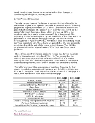 DLM & Associates, LLC. 7
to sell the developed homes for appraised value. East Spencer is
considering building 8-18 dwelling units.5
C. The Proposed Financing:
To make the purchase of the homes it plans to develop affordable for
low-income buyers, East Spencer proposes to provide a special financing
program to eligible purchasers. USDA Rural Development Services will
provide first mortgages. The product most likely to be used will be the
agency’s Payment Assistance Loan, which provides up 80% of the
purchase price (provided a buyer can qualify for this amount). The
remaining 20% of the sales price, up to a maximum of $20,000, would be
provided as a “soft” second mortgage through the North Carolina
Housing Finance Agency’s (NCHFA) New Homes Loan Pool (NHLP), which
the Town expects to join. These loans are provided at 0%, and payments
are deferred until the sale of the house or for 20 years. This NCHFA
program requires that buyers invest $750 of their own funds in the
purchase.
These USDA and NCHFA loan products require that buyers maintain
underwriting ratios not exceeding 29%/41%. This means that the
monthly mortgage payment cannot be more than 29% of a buyer’s
monthly income, and the monthly payment combined with the buyer’s
other recurring monthly debts cannot exceed 41% of monthly income.
The table below provides a summary of purchase financing for four-
person households, consisting of 2 parents and 2 children, @ 50% and
80% AMFI, using the USDA Payment Assistance Loan first mortgage and
the NCHFA New Homes Loan Pool second mortgage.
50% AMFI 80% AMFI
Annual Income $32,050 $51,300
Monthly Income $2,670 $4,275
Maximum Recurring Monthly Debt $745 $1,200
Sales Price $105,000 $105,000
Buyer Investment $750 $750
Balance of Funds Needed $104,250 $104,250
NCHFA 2nd Mortgage -$20,000 -$20,000
USDA 1st Mortgage $84,200 $84,200
Current USDA Rate 5.25% 5.25%
Normal Monthly Principal/Interest Payment $448 $448
Payment Assistance Amount -$198 -0*
Actual Monthly Principal/Interest Payment $250 $448
5
The town of East Spencer
 