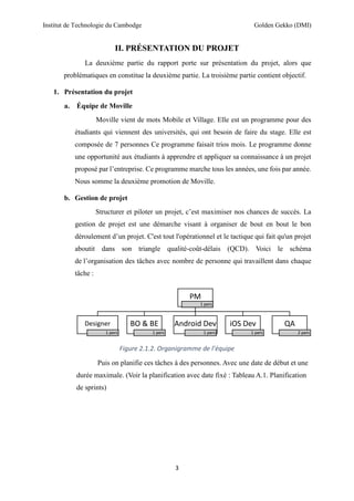 Institut de Technologie du Cambodge Golden Gekko (DMI)
3
II. PRÉSENTATION DU PROJET
La deuxième partie du rapport porte sur présentation du projet, alors que
problématiques en constitue la deuxième partie. La troisième partie contient objectif.
1. Présentation du projet
a. Équipe de Moville
Moville vient de mots Mobile et Village. Elle est un programme pour des
étudiants qui viennent des universités, qui ont besoin de faire du stage. Elle est
composée de 7 personnes Ce programme faisait trios mois. Le programme donne
une opportunité aux étudiants à apprendre et appliquer sa connaissance à un projet
proposé par l’entreprise. Ce programme marche tous les années, une fois par année.
Nous somme la deuxième promotion de Moville.
b. Gestion de projet
Structurer et piloter un projet, c’est maximiser nos chances de succès. La
gestion de projet est une démarche visant à organiser de bout en bout le bon
déroulement d’un projet. C'est tout l'opérationnel et le tactique qui fait qu'un projet
aboutit dans son triangle qualité-coût-délais (QCD). Voici le schéma
de l’organisation des tâches avec nombre de personne qui travaillent dans chaque
tâche :
Figure 2.1.2. Organigramme de l’équipe
Puis on planifie ces tâches à des personnes. Avec une date de début et une
durée maximale. (Voir la planification avec date fixé : Tableau A.1. Planification
de sprints)
PM
1 pers
Designer
1 pers
BO & BE
1 pers
Android Dev
1 pers
iOS Dev
1 pers
QA
2 pers
 