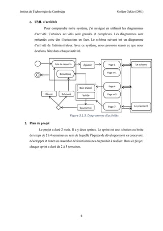 Institut de Technologie du Cambodge Golden Gekko (DMI)
6
c. UML d’activités
Pour comprendre notre système, j'ai navigué en utilisant les diagrammes
d'activité. Certaines activités sont grandes et complexes. Les diagrammes sont
présentés avec des illustrations en face. Le schéma suivant est un diagramme
d'activité de l'administrateur. Avec ce système, nous pouvons savoir ce que nous
devrions faire dans chaque activité.
2. Plan de projet
Le projet a duré 2 mois. Il a y deux sprints. Le sprint est une itération ou boite
de temps de 2 à 4 semaines au sein de laquelle l’équipe de développement va concevoir,
développer et tester un ensemble de fonctionnalités du produit à réaliser. Dans ce projet,
chaque sprint a duré de 2 à 3 semaines.
Le suivant
Le precident
liste de rapports
Brouillons
Page 1
Page n+1
Page 4
Page 7
Page n+5
Ajouter
Soumettre
Validé
Non Validé
Réussi Echoueé
Figure 3.1.3. Diagrammes d'activités
 
