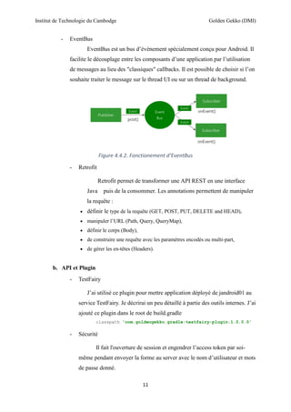 Institut de Technologie du Cambodge Golden Gekko (DMI)
11
- EventBus
EventBus est un bus d’évènement spécialement conçu pour Android. Il
facilite le découplage entre les composants d’une application par l’utilisation
de messages au lieu des "classiques" callbacks. Il est possible de choisir si l’on
souhaite traiter le message sur le thread UI ou sur un thread de background.
Figure 4.4.2. Fonctionement d’EventBus
- Retrofit
Retrofit permet de transformer une API REST en une interface
Java puis de la consommer. Les annotations permettent de manipuler
la requête :
 définir le type de la requête (GET, POST, PUT, DELETE and HEAD),
 manipuler l’URL (Path, Query, QueryMap),
 définir le corps (Body),
 de construire une requête avec les paramètres encodés ou multi-part,
 de gérer les en-têtes (Headers).
b. API et Plugin
- TestFairy
J’ai utilisé ce plugin pour mettre application déployé de jandroid01 au
service TestFairy. Je décrirai un peu détaillé à partie des outils internes. J’ai
ajouté ce plugin dans le root de build.gradle
classpath 'com.goldengekko.gradle:testfairy-plugin:1.0.0.0'
- Sécurité
Il fait l'ouverture de session et engendrer l’access token par soi-
même pendant envoyer la forme au server avec le nom d’utilisateur et mots
de passe donné.
 