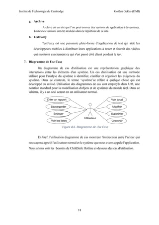 Institut de Technologie du Cambodge Golden Gekko (DMI)
13
g. Archive
Archive est un site que l’on peut trouver des versions de application à déverminer.
Toutes les versions ont été stockées dans le répertoire de ce site.
h. TestFairy
TestFairy est une puissante plate-forme d’application de test qui aide les
développeurs mobiles à distribuer leurs applications à tester et fournit des vidéos
qui montrent exactement ce qui s'est passé côté client pendant le test.
7. Diagramme de Use Case
Un diagramme de cas d'utilisation est une représentation graphique des
interactions entre les éléments d'un système. Un cas d'utilisation est une méthode
utilisée pour l'analyse du système à identifier, clarifier et organiser les exigences du
système. Dans ce contexte, le terme ‘système’se réfère à quelque chose qui est
développé ou utilisé. Utilisation des diagrammes de cas sont employés dans UM, une
notation standard pour la modélisation d'objets et de systèmes du monde réel. Dans ce
schéma, il y a un seul acteur est un utilisateur normal.
En bref, l'utilisation diagramme de cas montrent l'interaction entre l'acteur qui
nous avons appelé l'utilisateur normal et le système que nous avons appelé l'application.
Nous allons voir les besoins de ChildSafe Hotline ci-dessous des cas d'utilisation.
Utilisateur
Créer un rapport
Sauvegarder
Envoyer
Voir les listes
Voir détail
Modifier
Chercher
Envoyer Supprimer
Figure 4.6. Diagramme de Use Case
 