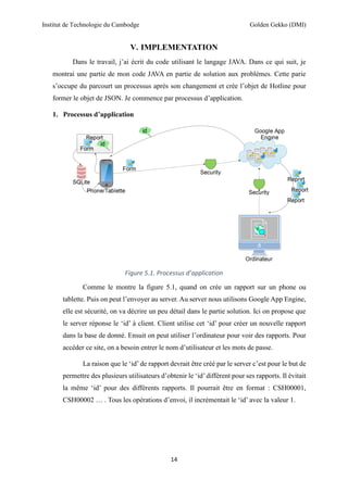 Institut de Technologie du Cambodge Golden Gekko (DMI)
14
V. IMPLEMENTATION
Dans le travail, j’ai écrit du code utilisant le langage JAVA. Dans ce qui suit, je
montrai une partie de mon code JAVA en partie de solution aux problèmes. Cette parie
s’occupe du parcourt un processus après son changement et crée l’objet de Hotline pour
former le objet de JSON. Je commence par processus d’application.
1. Processus d’application
Figure 5.1. Processus d’application
Comme le montre la figure 5.1, quand on crée un rapport sur un phone ou
tablette. Puis on peut l’envoyer au server. Au server nous utilisons Google App Engine,
elle est sécurité, on va décrire un peu détail dans le partie solution. Ici on propose que
le server réponse le ‘id’ à client. Client utilise cet ‘id’ pour créer un nouvelle rapport
dans la base de donné. Ensuit on peut utiliser l’ordinateur pour voir des rapports. Pour
accéder ce site, on a besoin entrer le nom d’utilisateur et les mots de passe.
La raison que le ‘id’ de rapport devrait être créé par le server c’est pour le but de
permettre des plusieurs utilisateurs d’obtenir le ‘id’différent pour ses rapports. Il évitait
la même ‘id’ pour des différents rapports. Il pourrait être en format : CSH00001,
CSH00002 … . Tous les opérations d’envoi, il incrémentait le ‘id’ avec la valeur 1.
 