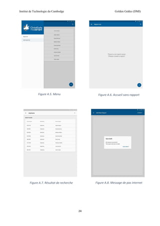 Institut de Technologie du Cambodge Golden Gekko (DMI)
24
Figure A.5. Menu Figure A.6. Accueil sans rapport
Figure A.7. Résultat de recherche Figure A.8. Message de pas internet
 