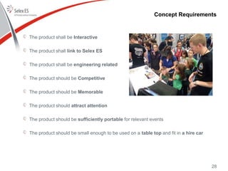 Concept Requirements
The product shall be Interactive
The product shall link to Selex ES
The product shall be engineering related
The product should be Competitive
The product should be Memorable
The product should attract attention
The product should be sufficiently portable for relevant events
The product should be small enough to be used on a table top and fit in a hire car
28
 