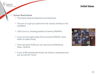 Initial Ideas
30
Classic Board Game
• The board would be electronic and interactive.
• The aim is to get your plane from the ‘enemy’ territory to the
homeland
• LED’s turn on, showing positions of enemy RADAR’s
• If you are one space away from an enemy RADAR, press
button to select threat
• Then see which ECM you can use such as BriteCloud,
flares, chaff etc
• If your ECM matches the threat, the threat is neutralised and
you survive the ‘round’
 