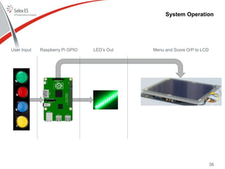System Operation
36
User Input LED’s OutRaspberry Pi GPIO Menu and Score O/P to LCD
 