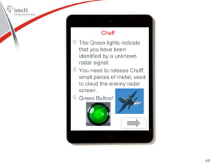 Chaff
The Green lights indicate
that you have been
identified by a unknown
radar signal.
You need to release Chaff,
small pieces of metal, used
to cloud the enemy radar
screen.
Green Button!
46
 