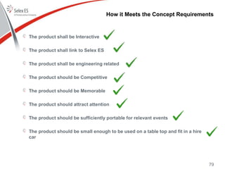 How it Meets the Concept Requirements
The product shall be Interactive
The product shall link to Selex ES
The product shall be engineering related
The product should be Competitive
The product should be Memorable
The product should attract attention
The product should be sufficiently portable for relevant events
The product should be small enough to be used on a table top and fit in a hire
car
79
 
