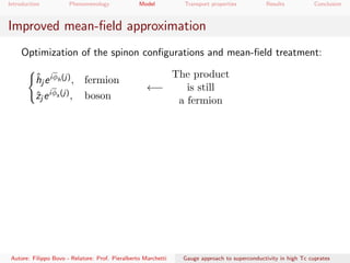 Introduction Phenomenology Model Transport properties Results Conclusion
Improved mean-ﬁeld approximation
Optimization of the spinon conﬁgurations and mean-ﬁeld treatment:
ˆhj eiφh(j), fermion
ˆzj eiφs (j), boson
←−
The product
is still
a fermion
Autore: Filippo Bovo - Relatore: Prof. Pieralberto Marchetti Gauge approach to superconductivity in high Tc cuprates
 