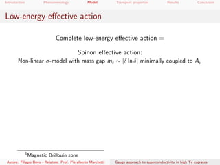 Introduction Phenomenology Model Transport properties Results Conclusion
Low-energy eﬀective action
Complete low-energy eﬀective action =
Spinon eﬀective action:
Non-linear σ-model with mass gap ms ∼ |δ ln δ| minimally coupled to Aµ
1
Magnetic Brillouin zone
Autore: Filippo Bovo - Relatore: Prof. Pieralberto Marchetti Gauge approach to superconductivity in high Tc cuprates
 