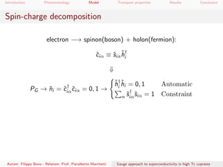 Introduction Phenomenology Model Transport properties Results Conclusion
Spin-charge decomposition
electron −→ spinon(boson) + holon(fermion):
ˆciα ≡ ˆsiα
ˆh†
i
⇓
PG → ˆni = ˆc†
iαˆciα = 0, 1 →
ˆh†
i
ˆhi = 0, 1 Automatic
α ˆs†
iαˆsiα = 1 Constraint
Autore: Filippo Bovo - Relatore: Prof. Pieralberto Marchetti Gauge approach to superconductivity in high Tc cuprates
 