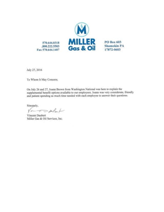 Millers Oil Recommendation Letter