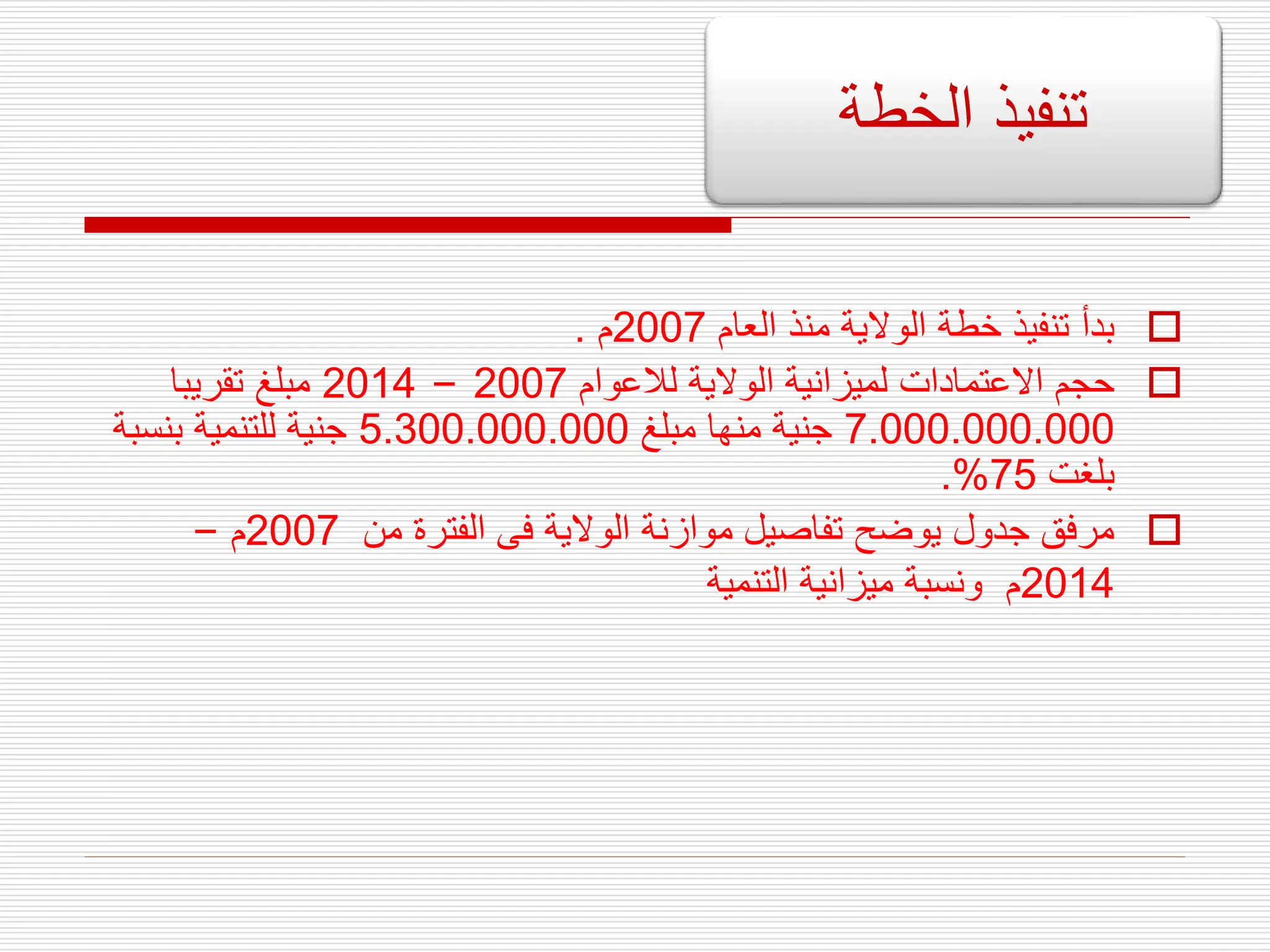 
‫العام‬ ‫منذ‬ ‫الوالية‬ ‫خطة‬ ‫تنفيذ‬ ‫بدأ‬
2007
‫م‬
.

‫لالعوام‬ ‫الوالية‬ ‫لميزانية‬ ‫االعتمادات‬ ‫حجم‬
2007
–
2014
‫تقريبا‬ ‫مبلغ‬
7.000.000.000
‫مبلغ‬ ‫منها‬ ‫جنية‬
5.300.000.000
‫بنسبة‬ ‫للتنمية‬ ‫جنية‬
‫بلغت‬
75
.%

‫من‬ ‫الفترة‬ ‫فى‬ ‫الوالية‬ ‫موازنة‬ ‫تفاصيل‬ ‫يوضح‬ ‫جدول‬ ‫مرفق‬
2007
‫م‬
–
2014
‫التنمية‬ ‫ميزانية‬ ‫ونسبة‬ ‫م‬
‫الخطة‬ ‫تنفيذ‬
 