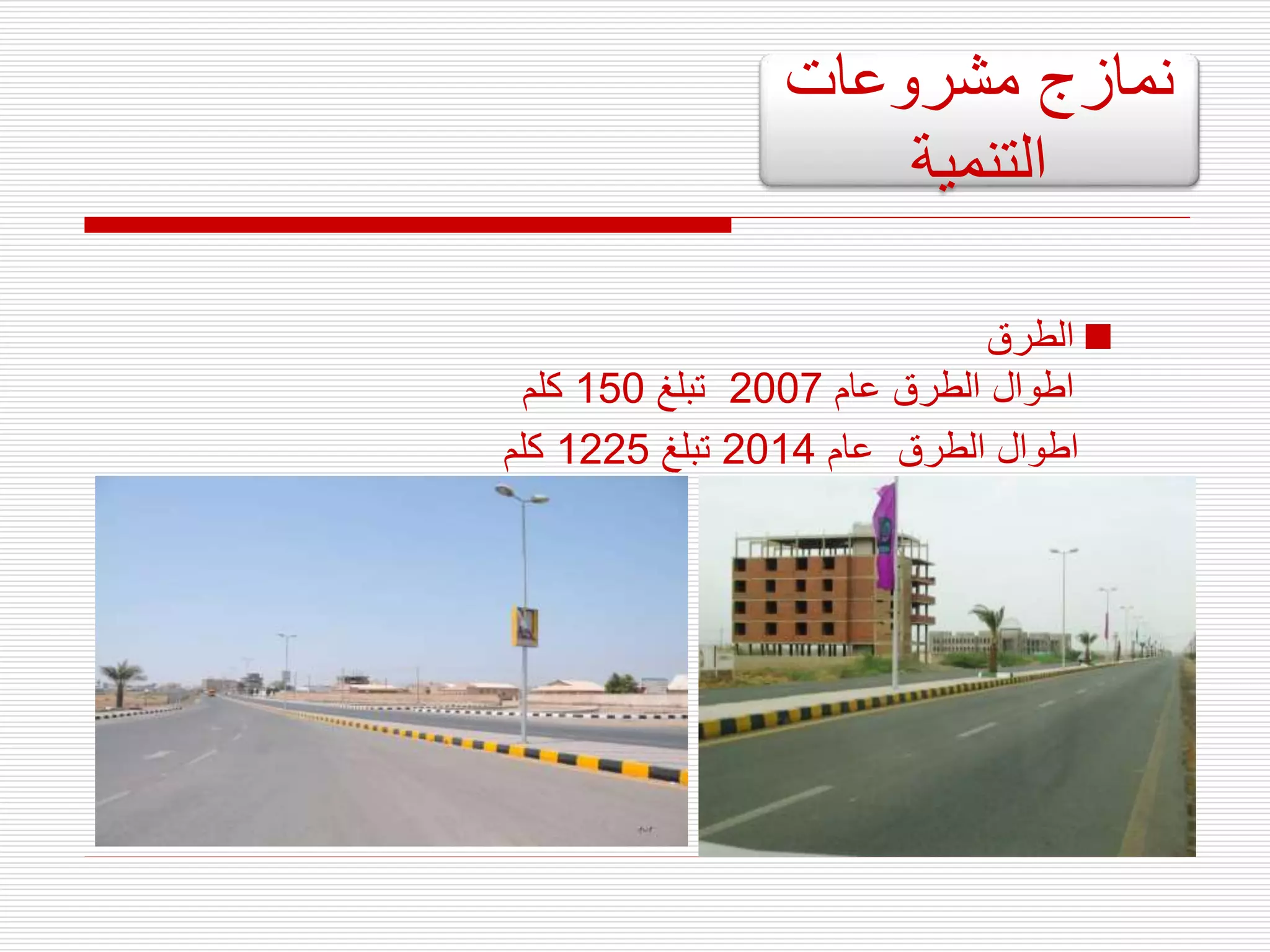 
‫الطرق‬
‫عام‬ ‫الطرق‬ ‫اطوال‬
2007
‫تبلغ‬
150
‫كلم‬
‫عام‬ ‫الطرق‬ ‫اطوال‬
2014
‫تبلغ‬
1225
‫كلم‬
‫مشروعات‬ ‫نمازج‬
‫التنمية‬
 