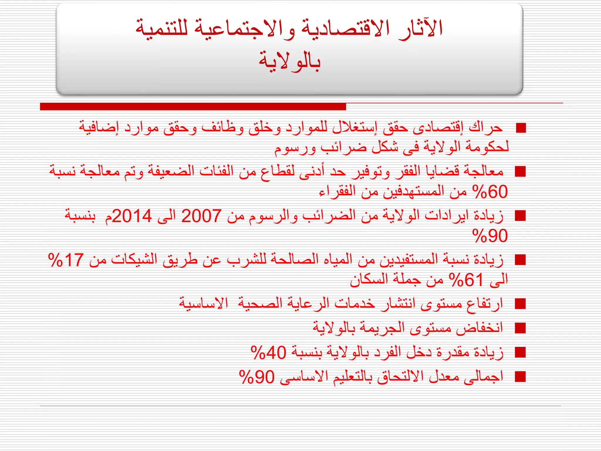 
‫إضافية‬ ‫موارد‬ ‫وحقق‬ ‫وظائف‬ ‫وخلق‬ ‫للموارد‬ ‫إستغالل‬ ‫حقق‬ ‫إقتصادى‬ ‫حراك‬
‫ورسوم‬ ‫ضرائب‬ ‫شكل‬ ‫فى‬ ‫الوالية‬ ‫لحكومة‬

‫م‬ ‫وتم‬ ‫الضعيفة‬ ‫الفئات‬ ‫من‬ ‫لقطاع‬ ‫أدنى‬ ‫حد‬ ‫وتوفير‬ ‫الفقر‬ ‫قضايا‬ ‫معالجة‬
‫نسبة‬ ‫عالجة‬
60
%
‫الفقراء‬ ‫من‬ ‫المستهدفين‬ ‫من‬

‫من‬ ‫والرسوم‬ ‫الضرائب‬ ‫من‬ ‫الوالية‬ ‫ايرادات‬ ‫زيادة‬
2007
‫الى‬
2014
‫بنسبة‬ ‫م‬
90
%

‫الشيكات‬ ‫طريق‬ ‫عن‬ ‫للشرب‬ ‫الصالحة‬ ‫المياه‬ ‫من‬ ‫المستفيدين‬ ‫نسبة‬ ‫زيادة‬
‫من‬
17
%
‫الى‬
61
%
‫السكان‬ ‫جملة‬ ‫من‬

‫االساسية‬ ‫الصحية‬ ‫الرعاية‬ ‫خدمات‬ ‫انتشار‬ ‫مستوى‬ ‫ارتفاع‬

‫بالوالية‬ ‫الجريمة‬ ‫مستوى‬ ‫انخفاض‬

‫بنسبة‬ ‫بالوالية‬ ‫الفرد‬ ‫دخل‬ ‫مقدرة‬ ‫زيادة‬
40
%

‫االساسى‬ ‫بالتعليم‬ ‫االلتحاق‬ ‫معدل‬ ‫اجمالى‬
90
%
‫للتنمية‬ ‫واالجتماعية‬ ‫االقتصادية‬ ‫اآلثار‬
‫بالوالية‬
 