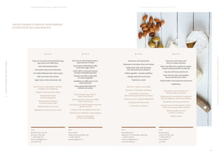 II·AHEALTHYMINDINAHEALTHYBODY
II·INEINEMGESUNDENKÖRPERWOHNTEINGESUNDERGEIST
1 9
A P O X Y O M E N O S O N T H E I S L A N D O F V I T A L I T Y A P O X Y O M E N O S A U F D E R I N S E L D E R V I T A L I T Ä T
M E N U
Carpaccio of zucchini with almond shavings,
goat cheese and truffle honey
Tuna with marinated celery
Fresh pasta with porcini mushrooms
Oven-baked flatbread with Lošinj octopus
Fillet of sea bass with zucchini
Apple, honey, walnut and sesame cake
—
Rohe Zucchini mit gemahlenen Mandeln,
Schafskäse und Trüffelhonig
Thunfisch mit mariniertem Sellerie
Hausgemachte Nudeln
mit Fichtensteinpilzen
Hausgemachtes Fladenbrot
in Lošinjer Oktopus-Soße
Wolfsbarschfilet mit Zucchini
Apfelkuchen mit Honig, Nüssen, Sesam
M E N U
Raw tuna on a bed of salted anchovy,
capers and olive oil salad
Apoxyomenos Salad (black truffle,
mushrooms, eggs, rocket)
Lamb cutlets in mint and rosemary
marinade with grilled asparagus
Poseidon-style fillet of white fish
on a bed of vegetables
Medallions in truffle sauce served
with fennel purée
Honey-glazed dates filled with
almonds and walnuts
—
Roher Thunfisch auf Anschovis,
Kapern und Olivenöl
Salat Apoxyomenos (schwarze Trüffel,
Pilze, Ei und Rucola)
Lammkoteletts in Minze-Rosmarin-Marinade,
Spargel vom Grill
„Posejdon“, Filet vom Edelfisch auf Gemüse
Medaillons mit Trüffelsoße, auf Fenchelpüree
Datteln in Honig, gefüllt
mit Nüssen und Mandeln
M E N U
Minestrone with beans/lentils
Salad greens with sheep cheese and walnuts
Grilled lamb cutlet with buckwheat
stew and sautéed peas and bacon
Grilled vegetables - breaded cauliflower
Cabbage salad with cumin seeds
Dried fruit in mead
—
Minestron - Bohnen-Linsen-Suppe
Blattsalat mit Schafskäse und Nüssen
Lammkotelett vom Grill mit
Buchweizeneintopf und Erbsen mit Speck
Gemüse vom Grill - panierter Blumenkohl
Krautsalat mit Kreuzkümmel
Trockenobst in Honigwein
M E N U
Cheese trio, herb cheese with
olive oil, walnuts and olives
Paper wrap filled with Coquilles St. Jacques,
mussels, shrimps and Filet of white fish
Pancakes with honey and olive oil
Toast with olive patty and vegetable,
bacon and fried onion tartare
Grilled chicken with mushrooms and sesame
Stuffed dates
—
Käseaufstrich, gewürzter Käse mit
Olivenöl, Nüssen und Oliven
Jakobsmuscheln, Miesmuscheln, Scampi und
Fielt vom Weißfisch, zubereitet im Päckchen
Pfannkuchen mit Honig und Olivenöl
Geröstetes Brot mit Olivenpastete, Gemüse-
Tartare, Speck und gerösteten Zwiebeln
Hühnerbrustfilet vom Grill
mit Pilzen und Sesam
Gefüllte Datteln
INFO
Bora Bar (Tavern, Taverne)
Rovenska 3, Veli Lošinj
T: +385 51 867 544
balenovicmaja@gmail.com
www.borabar.net
INFO
Deveron (Pub)
Vladimira Gortana 32, Mali Lošinj
T: +385 51 238 510
deveronpub@gmail.com
INFO
Diana (Restaurant)
Šetalište dr. A. M. Montesole 2, Mali Lošinj
T: +385 51 232 055
restoran.diana@jadranka.hr
www.losinj-hotels.com
INFO
Eki (Restaurant)
Artatore 107, Mali Lošinj
T: +385 51 233 007
restoran@eki.hr
www.eki.hr
ANCIENT ROMAN CUISINE BY APOXYOMENOS
ANTIKE KÜCHE DES APOXYOMENOS
 