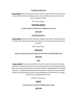 Custodian Supervisor
Responsibilities- Maintain facility cleanliness. Prepare office for office workers (prepare
water, coffee machines). Mopping, dusting. Ensure building security; as in lock doors
upon completion of work.
$7/hr~Lack of hours.
HANCOCK FABRICS
E. Admiral Doyle Dr, New Iberia, LA, 70560|Business closed
1993-1994
Custodian/Stocker
Responsibilities- Maintain facility cleanliness. Organize and replace company products
on display floor. Maintain organization of warehouse and warehouse inventory. Greet
customers.
$6/hr~lack of hours
PIZZA HUT
Miss/Mrs. Charlene|635 E Admiral Doyle Dr, New Iberia LA, 70560|(337)364-1176
1994-1995
Cook
Responsibilities-Prepare and cook/heat various menu items for customers. Maintain
cleanliness of restaurant. Perform morning and evening open and closing duties. Wash
dishes via commercial assembly line automatic dishwasher. Mopping floors. Distributing
food items in designated food preparation workstation to prepare pizzas for cooking.
Filling and unloading various containers with packaging and food contents for storage
and later use. Unloading delivery trucks.
$5.50/hr.~lack of hours.
ARBY'S
5725 Johnston St, Lafayette, LA 70503|Business closed
1993-1994
 