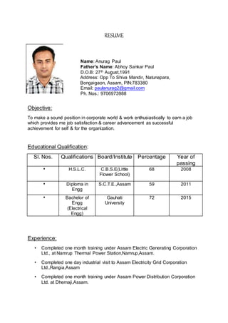 RESUME
Name: Anurag Paul
Father’s Name: Abhoy Sankar Paul
D.O.B: 27th August,1991
Address: Opp To Shiva Mandir, Natunapara,
Bongaigaon, Assam, PIN:783380
Email: paulanurag2@gmail.com
Ph. Nos.: 9706973988
Objective:
To make a sound position in corporate world & work enthusiastically to earn a job
which provides me job satisfaction & career advancement as successful
achievement for self & for the organization.
Educational Qualification:
Sl. Nos. Qualifications Board/Institute Percentage Year of
passing
• H.S.L.C. C.B.S.E(Little
Flower School)
68 2008
• Diploma in
Engg
S.C.T.E.,Assam 59 2011
• Bachelor of
Engg
(Electrical
Engg)
Gauhati
University
72 2015
Experience:
• Completed one month training under Assam Electric Generating Corporation
Ltd., at Namrup Thermal Power Station,Namrup,Assam.
• Completed one day industrial visit to Assam Electricity Grid Corporation
Ltd.,Rangia,Assam
• Completed one month training under Assam Power Distribution Corporation
Ltd. at Dhemaji,Assam.
 