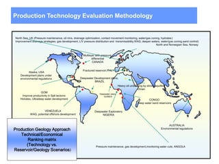 Production Technology Evaluation Methodology
Alaska, USA
Development plans under
environmental regulations
GOM
Improve productivity in Salt tectonic
Hidrates, Ultradeep water development
Mutilayer with pressure
differential
CANADA
North Sea ,UK (Pressure maintenance, oil rims, drainage optimization, contact movement monitoring, water/gas coning, hydrates)
Improvement drainage strategies, gas development, L/V pressure distribution and transmissibility,WAG, deeper waters, water/gas coning,sand control)
North and Norwegian Sea, Norway
Deepwater Exploratory
NIGERIA
VENEZUELA
WAG, potential offshore development
Pressure maintenance, gas development,monitoring water cuts, ANGOLA
CONGO
Deep water sand reservoirs
Deepwater plans
GUINEA
Fractured reservoir,ITALY
Deepwater Development plans,
BRAZIL
AUSTRALIA
Environmental regulations
Heavy oil underlying by strong aquifers
Oman
Production Geology Approach
Technical/Economical
Ranking matrix
(Technology vs.
Reservoir/Geology Scenarios)
 