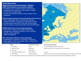 Authorities Vision
Regional Environmental Impact – Region I
UNEP (United Nations environmental Program):
• Oil Pollution has a moderate impact on food security,
quantification and monitoring of this impact is needed
to avoid human health impact
• To Improve accidental response impact analysis of toxic
substances
NPD (Norwegian Petroleum Directorate), Ministry of Environment:
• Clean Technologies will be rewarded with subsidies
and tax allowances, main goal: zero discharge of solids
• To reduce water production to 50% with new technology
• Tools to measure, control and monitor environmental impact
OSPAR (Oslo-Paris environmental legislation):
• Improvement in each cycle of Offshore technology
management ( avoidance, reduction, re-use, recycling,
recovery, residue disposal)
• Waste management
SFT (Norwegian Pollution Control Authority):
• Prioritisation or substitution of hazardous substances
• Better quality control of local spills, reduce contamination
of estuaries and artic zones
 
