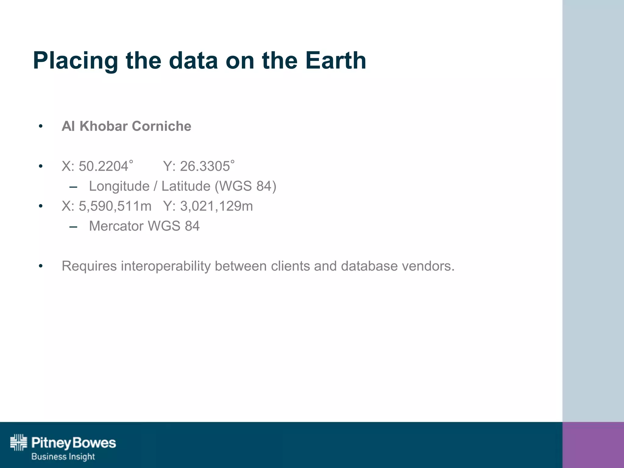 Placing the data on the Earth
• Al Khobar Corniche
• X: 50.2204° Y: 26.3305°
– Longitude / Latitude (WGS 84)
• X: 5,590,511m Y: 3,021,129m
– Mercator WGS 84
• Requires interoperability between clients and database vendors.
 