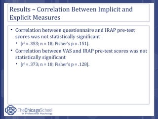 Results – Correlation Between Implicit and
Explicit Measures
 Correlation between questionnaire and IRAP pre-test
scores was not statistically significant
 [r2
= .353; n = 18; Fisher’s p = .151].
 Correlation between VAS and IRAP pre-test scores was not
statistically significant
 [r2
= .373; n = 18; Fisher’s p = .128].
 