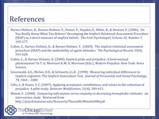 References
Barnes-Holmes, D., Barnes-Holmes, Y., Power, P., Hayden, E., Milne, R., & Stewart, E. (2006). Do
You Really Know What You Believe? Developing the Implicit Relational Assessment Procedure
(IRAP) as a direct measure of implicit beliefs. The Irish Psychologist, Volume 32, Number 7,
169-177.
Cullen, C., Barnes-Holmes, D., & Barnes-Holmes, Y. (2009). The implicit relational assessment
procedure (IRAP) and the malleability of ageist attitudes. The Psychological Record, 59(4),
591-620.
Cullen, C., & Barnes-Holmes, D. (2008). Implicit pride and prejudice: A heterosexual
phenomenon? In T. G. Morrison & M. A. Morrison (Eds.), Modern Prejudice. New York: Nova
Science.
Greenwald, A.G., McGee, D.E., & Schwartz, J.L.K. (1998). Measuring individual differences in
implicit cognition: The Implicit Association Test. Journal of Personality and Social Psychology,
74, 1464 – 1480.
Lillis, J., & Hayes, S. C. (2007). Applying acceptance, mindfulness, and values to the reduction of
prejudice: A pilot study. Behavior Modification, 31(4), 389-411.
Minett, S. (2008). Comparing information versus empathy in decreasing homophobic attitudes: An
intervention study. Retrieved from
http://psych.hanover.edu/Research/Thesis08/Minett2008.pdf
 