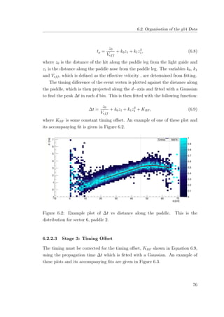 6.2. Organisation of the g14 Data
tp =
z0
Veff
+ k0z1 + k1z2
1, (6.8)
where z0 is the distance of the hit along the paddle leg from the light guide and
z1 is the distance along the paddle nose from the paddle leg. The variables k0, k1
and Veff , which is deﬁned as the eﬀective velocity , are determined from ﬁtting.
The timing diﬀerence of the event vertex is plotted against the distance along
the paddle, which is then projected along the d−axis and ﬁtted with a Gaussian
to ﬁnd the peak ∆t in each d bin. This is then ﬁtted with the following function:
∆t =
z0
Veff
+ k0z1 + k1z2
1 + KRF , (6.9)
where KRF is some constant timing oﬀset. An example of one of these plot and
its accompanying ﬁt is given in Figure 6.2.
Figure 6.2: Example plot of ∆t vs distance along the paddle. This is the
distribution for sector 6, paddle 2.
6.2.2.3 Stage 3: Timing Oﬀset
The timing must be corrected for the timing oﬀset, KRF shown in Equation 6.9,
using the propagation time ∆t which is ﬁtted with a Gaussian. An example of
these plots and its accompanying ﬁts are given in Figure 6.3.
76
 