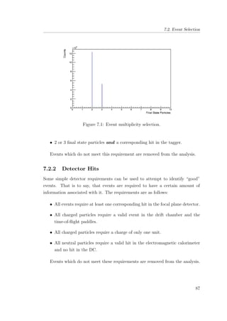 7.2. Event Selection
Figure 7.1: Event multiplicity selection.
• 2 or 3 ﬁnal state particles and a corresponding hit in the tagger.
Events which do not meet this requirement are removed from the analysis.
7.2.2 Detector Hits
Some simple detector requirements can be used to attempt to identify “good”
events. That is to say, that events are required to have a certain amount of
information associated with it. The requirements are as follows:
• All events require at least one corresponding hit in the focal plane detector.
• All charged particles require a valid event in the drift chamber and the
time-of-ﬂight paddles.
• All charged particles require a charge of only one unit.
• All neutral particles require a valid hit in the electromagnetic calorimeter
and no hit in the DC.
Events which do not meet these requirements are removed from the analysis.
87
 