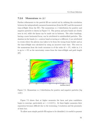 7.2. Event Selection
7.2.6 Momentum vs ∆β
Further reﬁnements to the particle ID are carried out by utilising the correlation
between the independently measured momentum (from the DC) and the measured
time-of-ﬂight (from the SC). The momentum vs β distribution for positive and
negative particles is shown in Figure 7.5. The proton and pion bands are clearly
seen in red, while the kaons can be made out in between. The other bandings,
having a more horizontal locus, can be attributed to misidentiﬁed particles. The
shadows in the bands (i.e. a mirror band occurring at a diﬀerent β) are attributed
to events where the photon was taken to be from the wrong beam bucket and as
the time-of-ﬂight was calculated by using an incorrect start time. The error in
the momentum from the track curvature is of the order of ∼ 1%, while in β it
is up to ∼ 5% as the uncertainty comes from the time-of-ﬂight and path length
[67].
Figure 7.5: Momentum vs β distribution for positive and negative particles (log
scale).
Figure 7.5 shows that at higher momenta the kaon and pion candidates
begin to converge, particularly at > 1.5 GeV/c. At these higher momenta their
separation becomes diﬃcult due to the worsening β resolution and the proximity
of their loci.
To allow more simple particle ID regions to be identiﬁed, it is useful to present
91
 