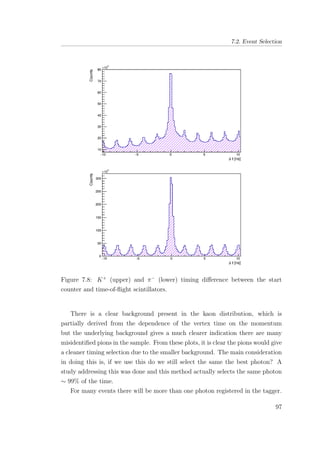 7.2. Event Selection
Figure 7.8: K+
(upper) and π−
(lower) timing diﬀerence between the start
counter and time-of-ﬂight scintillators.
There is a clear background present in the kaon distribution, which is
partially derived from the dependence of the vertex time on the momentum
but the underlying background gives a much clearer indication there are many
misidentiﬁed pions in the sample. From these plots, it is clear the pions would give
a cleaner timing selection due to the smaller background. The main consideration
in doing this is, if we use this do we still select the same the best photon? A
study addressing this was done and this method actually selects the same photon
∼ 99% of the time.
For many events there will be more than one photon registered in the tagger.
97
 