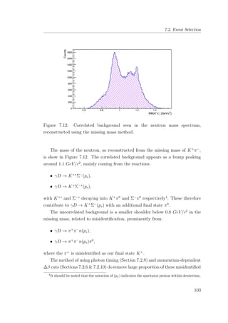 7.2. Event Selection
Figure 7.12: Correlated background seen in the neutron mass spectrum,
reconstructed using the missing mass method.
The mass of the neutron, as reconstructed from the missing mass of K+
π−
,
is show in Figure 7.12. The correlated background appears as a bump peaking
around 1.1 GeV/c2
, mainly coming from the reactions:
• γD → K+∗
Σ−
(ps),
• γD → K+
Σ−∗
(ps),
with K+∗
and Σ−∗
decaying into K+
π0
and Σ−
π0
respectively4
. These therefore
contribute to γD → K+
Σ−
(ps) with an additional ﬁnal state π0
.
The uncorrelated background is a smaller shoulder below 0.8 GeV/c2
in the
missing mass, related to misidentiﬁcation, prominently from:
• γD → π+
π−
n(ps),
• γD → π+
π−
n(ps)π0
,
where the π+
is misidentiﬁed as our ﬁnal state K+
.
The method of using photon timing (Section 7.2.8) and momentum-dependent
∆β cuts (Sections 7.2.6 & 7.2.10) do remove large proportion of these misidentiﬁed
4
It should be noted that the notation of (ps) indicates the spectator proton within deuterium.
103
 