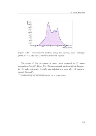 7.2. Event Selection
Figure 7.22: Reconstructed neutron using the missing mass technique
[MM(K+
π−
)] after misID selections have been applied.
The nature of this background is clearer when presented in 2D versus
momentum of the K+
, Figure 7.23. The neutron peak was ﬁtted with a Gaussian,
in 1D, and σ extracted. A study was undertaken to show aﬀect of varying σ
around this peak5
.
5
After the study was concluded a selection cut of 2σ was chosen.
113
 