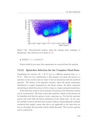 7.2. Event Selection
Figure 7.23: Reconstructed neutron using the missing mass technique vs
Momentum. The selection cut is shown in red.
• MM(K+
π−
) < 1.0 GeV/c2
.
Events which do not meet this requirement are removed from the analysis.
7.2.15 Quasi-free Selection for the Complete Final State
Considering the reaction γD → K+
Σ−
(ps) is a diﬀerent proposal than γn →
K+
Σ−
. There are two contributions to this channel, one where the proton is a
spectator to the reaction and one where it has an interaction with the produced
particles. The former is the quasi-free reaction, where the proton momentum
distribution is mainly dominated by the Fermi motion; the latter represents
rescattering in which the proton is hit by a kaon or a sigma and gains momentum.
If the ﬁnal state neutron can be detected, the proton in the deuterium nucleus
can be reconstructed. The hope is then that quasi-free regions in this proton can
be identiﬁed such that the proton is truly a spectator, ps. For this the spectator
proton will recoil with the Fermi momentum of the initial state. In our case,
the inability to detect the ﬁnal state neutron without compromising the available
statistical data sample, means that this is not applicable to the main data set
but as a formality this procedure will be brieﬂy discussed. The 4-vector equation
can be constructed:
114
 