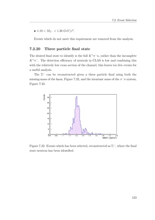 7.2. Event Selection
• 1.10 < MΣ− < 1.30 GeV/c2
.
Events which do not meet this requirement are removed from the analysis.
7.2.20 Three particle ﬁnal state
The desired ﬁnal state to identify is the full K+
π−
n, rather than the incomplete
K+
π−
. The detection eﬃciency of neutrals in CLAS is low and combining this
with the relatively low cross section of the channel, this leaves too few events for
a useful analysis.
The Σ−
can be reconstructed given a three particle ﬁnal using both the
missing-mass of the kaon, Figure 7.32, and the invariant mass of the π−
n system,
Figure 7.33.
Figure 7.32: Events which has been selected, reconstructed as Σ−
, where the ﬁnal
state neutron has been identiﬁed.
123
 