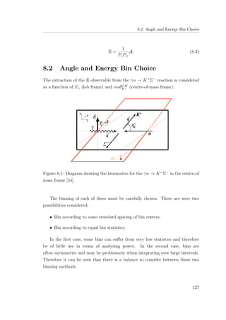 8.2. Angle and Energy Bin Choice
E =
1
PγP⊕
A. (8.3)
8.2 Angle and Energy Bin Choice
The extraction of the E observable from the γn → K+
Σ−
reaction is considered
as a function of Eγ (lab frame) and cosθCM
K+ (centre-of-mass frame).
Figure 8.1: Diagram showing the kinematics for the γn → K+
Σ−
in the centre-of
mass frame [54].
The binning of each of these must be carefully chosen. There are were two
possibilities considered:
• Bin according to some standard spacing of bin centres.
• Bin according to equal bin statistics.
In the ﬁrst case, some bins can suﬀer from very low statistics and therefore
be of little use in terms of analysing power. In the second case, bins are
often asymmetric and may be problematic when integrating over large intervals.
Therefore it can be seen that there is a balance to consider between these two
binning methods.
127
 