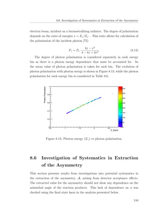 8.6. Investigation of Systematics in Extraction of the Asymmetry
electron beam, incident on a bremsstrahlung radiator. The degree of polarisation
depends on the ratio of energies x = Eγ/Ee− . This ratio allows for calculation of
the polarisation of the incident photon [75]:
Pγ = Pe−
4x − x2
4 − 4x + 3x2
. (8.14)
The degree of photon polarisation is considered separately in each energy
bin as there is a photon energy dependence that must be accounted for. So
the mean value of photon polarisation is taken for each bin. The evolution of
photon polarisation with photon energy is shown in Figure 8.13, while the photon
polarisation for each energy bin is considered in Table 8.6.
Figure 8.13: Photon energy (Eγ) vs photon polarisation.
8.6 Investigation of Systematics in Extraction
of the Asymmetry
This section presents results from investigations into potential systematics in
the extraction of the asymmetry, A, arising from detector acceptance eﬀects.
The extracted value for the asymmetry should not show any dependence on the
azimuthal angle of the reaction products. This lack of dependence on φ was
checked using the ﬁnal state kaon in the analysis presented below.
144
 