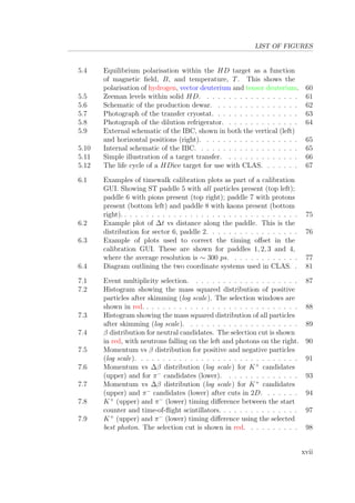 LIST OF FIGURES
5.4 Equilibrium polarisation within the HD target as a function
of magnetic ﬁeld, B, and temperature, T. This shows the
polarisation of hydrogen, vector deuterium and tensor deuterium. 60
5.5 Zeeman levels within solid HD. . . . . . . . . . . . . . . . . . 61
5.6 Schematic of the production dewar. . . . . . . . . . . . . . . . 62
5.7 Photograph of the transfer cryostat. . . . . . . . . . . . . . . . 63
5.8 Photograph of the dilution refrigerator. . . . . . . . . . . . . . 64
5.9 External schematic of the IBC, shown in both the vertical (left)
and horizontal positions (right). . . . . . . . . . . . . . . . . . 65
5.10 Internal schematic of the IBC. . . . . . . . . . . . . . . . . . . 65
5.11 Simple illustration of a target transfer. . . . . . . . . . . . . . 66
5.12 The life cycle of a HDice target for use with CLAS. . . . . . . 67
6.1 Examples of timewalk calibration plots as part of a calibration
GUI. Showing ST paddle 5 with all particles present (top left);
paddle 6 with pions present (top right); paddle 7 with protons
present (bottom left) and paddle 8 with kaons present (bottom
right). . . . . . . . . . . . . . . . . . . . . . . . . . . . . . . . . 75
6.2 Example plot of ∆t vs distance along the paddle. This is the
distribution for sector 6, paddle 2. . . . . . . . . . . . . . . . . 76
6.3 Example of plots used to correct the timing oﬀset in the
calibration GUI. These are shown for paddles 1, 2, 3 and 4,
where the average resolution is ∼ 300 ps. . . . . . . . . . . . . 77
6.4 Diagram outlining the two coordinate systems used in CLAS. . 81
7.1 Event multiplicity selection. . . . . . . . . . . . . . . . . . . . 87
7.2 Histogram showing the mass squared distribution of positive
particles after skimming (log scale). The selection windows are
shown in red. . . . . . . . . . . . . . . . . . . . . . . . . . . . . 88
7.3 Histogram showing the mass squared distribution of all particles
after skimming (log scale). . . . . . . . . . . . . . . . . . . . . 89
7.4 β distribution for neutral candidates. The selection cut is shown
in red, with neutrons falling on the left and photons on the right. 90
7.5 Momentum vs β distribution for positive and negative particles
(log scale). . . . . . . . . . . . . . . . . . . . . . . . . . . . . . 91
7.6 Momentum vs ∆β distribution (log scale) for K+
candidates
(upper) and for π−
candidates (lower). . . . . . . . . . . . . . 93
7.7 Momentum vs ∆β distribution (log scale) for K+
candidates
(upper) and π−
candidates (lower) after cuts in 2D. . . . . . . 94
7.8 K+
(upper) and π−
(lower) timing diﬀerence between the start
counter and time-of-ﬂight scintillators. . . . . . . . . . . . . . . 97
7.9 K+
(upper) and π−
(lower) timing diﬀerence using the selected
best photon. The selection cut is shown in red. . . . . . . . . . 98
xvii
 