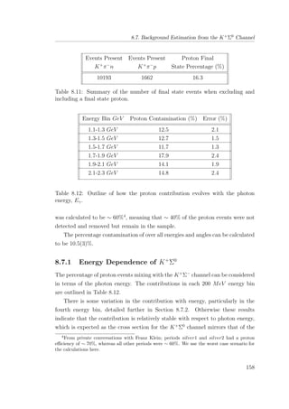 8.7. Background Estimation from the K+Σ0 Channel
Events Present Events Present Proton Final
K+
π−
n K+
π−
p State Percentage (%)
10193 1662 16.3
Table 8.11: Summary of the number of ﬁnal state events when excluding and
including a ﬁnal state proton.
Energy Bin GeV Proton Contamination (%) Error (%)
1.1-1.3 GeV 12.5 2.1
1.3-1.5 GeV 12.7 1.5
1.5-1.7 GeV 11.7 1.3
1.7-1.9 GeV 17.9 2.4
1.9-2.1 GeV 14.1 1.9
2.1-2.3 GeV 14.8 2.4
Table 8.12: Outline of how the proton contribution evolves with the photon
energy, Eγ.
was calculated to be ∼ 60%4
, meaning that ∼ 40% of the proton events were not
detected and removed but remain in the sample.
The percentage contamination of over all energies and angles can be calculated
to be 10.5(3)%.
8.7.1 Energy Dependence of K+
Σ0
The percentage of proton events mixing with the K+
Σ−
channel can be considered
in terms of the photon energy. The contributions in each 200 MeV energy bin
are outlined in Table 8.12.
There is some variation in the contribution with energy, particularly in the
fourth energy bin, detailed further in Section 8.7.2. Otherwise these results
indicate that the contribution is relatively stable with respect to photon energy,
which is expected as the cross section for the K+
Σ0
channel mirrors that of the
4
From private conversations with Franz Klein; periods silver1 and silver2 had a proton
eﬃciency of ∼ 70%, whereas all other periods were ∼ 60%. We use the worst case scenario for
the calculations here.
158
 